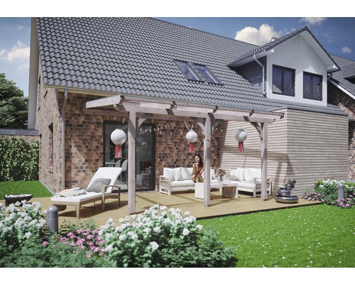 Terrassenüberdachung SKAN HOLZ Rimini 434x250 cm natur Holzterrasse mit Pergola, Gartenmöbeln und Dekoration vor einem Wohnhaus