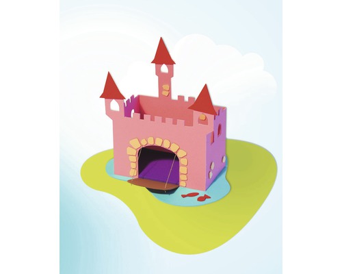 Modell eines rosa Schlosses mit Zugbrücke auf einer Insel