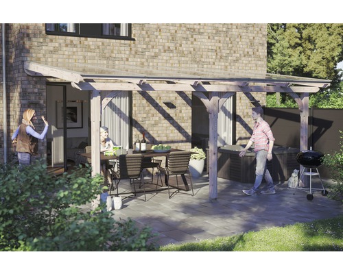 Terrassenüberdachung SKAN HOLZ Rimini 541x350 cm natur Szene mit Terrassenüberdachung, Tisch, Stühlen, Whirlpool und Grill