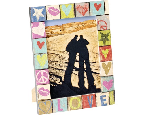 Bilderrahmen mit Herzen, Sternen, Kussmund, Peace Zeichen und dem Wort Liebe