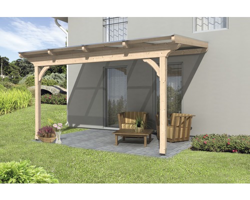Terrassenüberdachung SKAN HOLZ Ravenna 434x350 cm natur Terrassenüberdachung aus Holz mit Gartenmöbeln auf Terrasse
