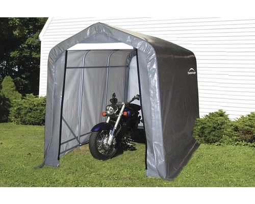 Gerätehaus ShelterLogic Shed-in-a-Box 180 x 300 cm grau Graue Motorradgarage mit Motorrad