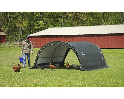 Freilandhaltung mit Hühnern und einem Stallzelt auf einer Rasenfläche