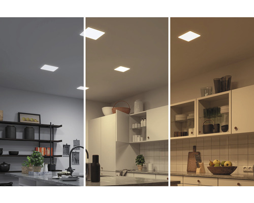 Drei Küchen mit unterschiedlichen Lichtstimmungen durch Deckenleuchten