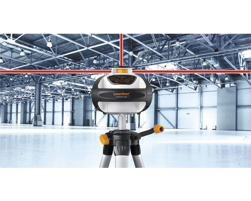 Laserliner Logo mit horizontalem und vertikalem Laserstrahl in einem Lagerhaus.