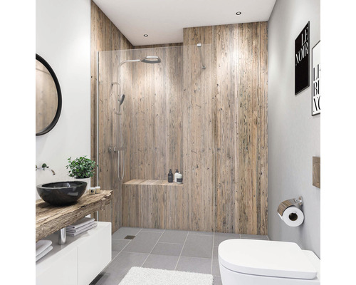 Duschrückwand BREUER Dekor Altholz Nordsee 100 x 210 cm Helles Badezimmer mit Dusche, Waschtisch und Toilette