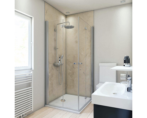 Duschrückwand BREUER Dekor Marmor sand 100 x 255 cm Helles Badezimmer mit Eckdusche, Waschbecken und Toilette.