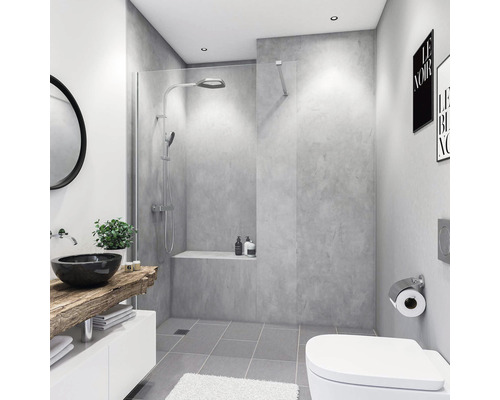 Duschrückwand BREUER Dekor Beton-Optik grau 150 x 255 cm Helles Badezimmer mit Dusche, Waschbecken und Toilette