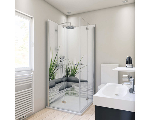 Duschrückwand BREUER Foto über Eck Zen & Gras 2x 90 x 210 cm Badezimmer mit Duschkabine mit Steinmotiv, Toilette und Waschbecken