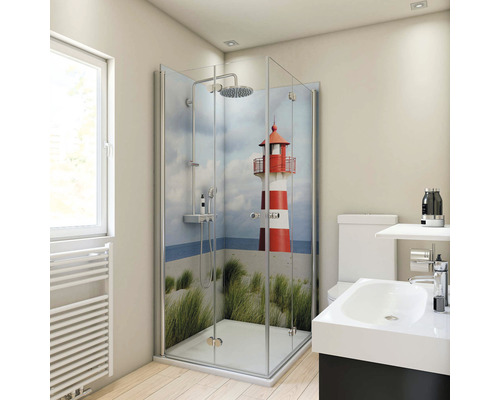 Duschrückwand BREUER Foto über Eck Leuchtturm 2x 90 x 210 cm Badezimmer mit Duschkabine mit Leuchtturm Motiv, Waschbecken und Toilette