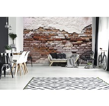 Wohnzimmer mit einer Fototapete, die eine Backsteinmauer mit Putz darstellt und Möbel im Vordergrund zeigt.