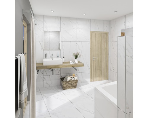 Helles Badezimmer mit Waschbecken, Spiegel und Badewanne vor weißem Hintergrund