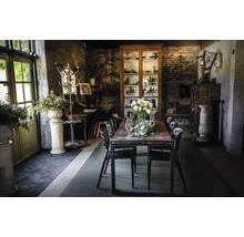 Esszimmer mit Esstisch, Stühlen, Dekorationsgegenständen und historischem Ambiente