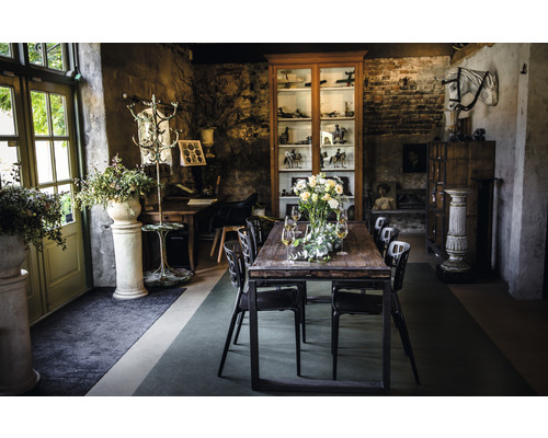 Esszimmer mit Esstisch, Stühlen, Dekorationsgegenständen und historischem Ambiente