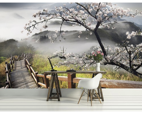 Fototapete mit einem Weg, einem Baum und Bergen im Nebel