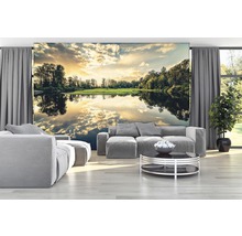 Wohnzimmer mit Fototapete, die einen See und Bäume zeigt.
