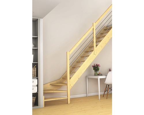 Holztreppe mit Edelstahlgeländer in hellem Wohnraum