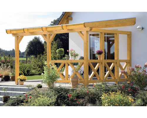 Seitenwand Andreaskreuz SKAN HOLZ 355 x 199 cm, weiß Holzpergola am Haus mit Pflanzen und Dekoration