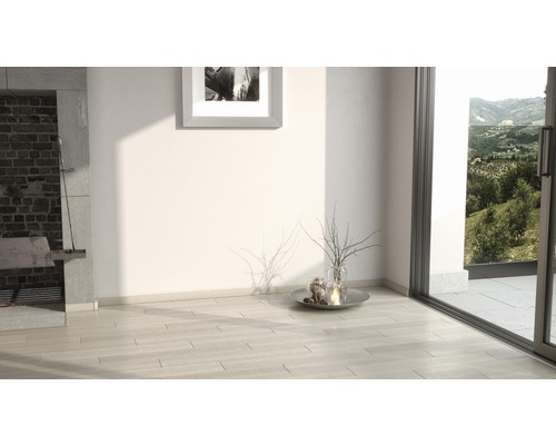 Heller Raum mit Holzboden, Wanddekoration und Blick ins Grüne