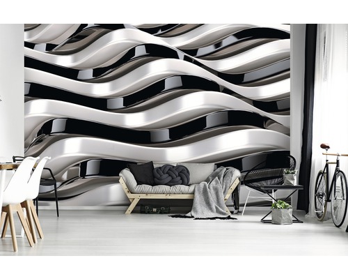 Wohnzimmer mit dreidimensionaler Tapete in geschwungenem Design