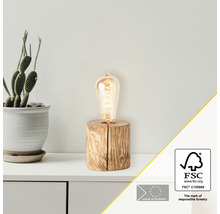 Tischleuchte aus Holz mit Glühbirne und FSC-Siegel für verantwortungsvolle Forstwirtschaft