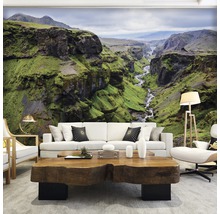 Wohnzimmer mit Fototapete einer grünen Schlucht und Gebirgslandschaft