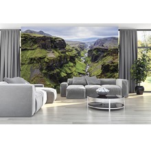 Wohnzimmer mit Fototapete einer grünen Schlucht