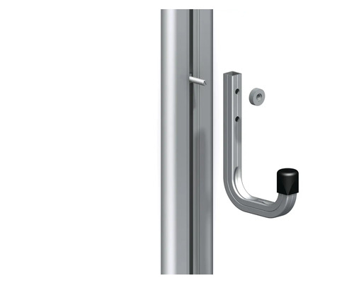 Detailansicht einer silberfarbenen Stange mit Haken zur Befestigung