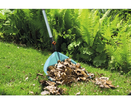 Garten mit Laubrechen und Herbstlaub