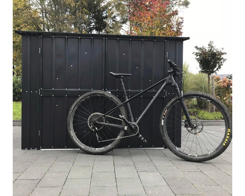 Fahrrad vor einem Geräteschuppen