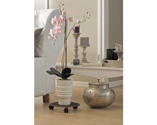 Dekorative Inneneinrichtung mit Pflanze, Übertopf, Kerzen und Sofa