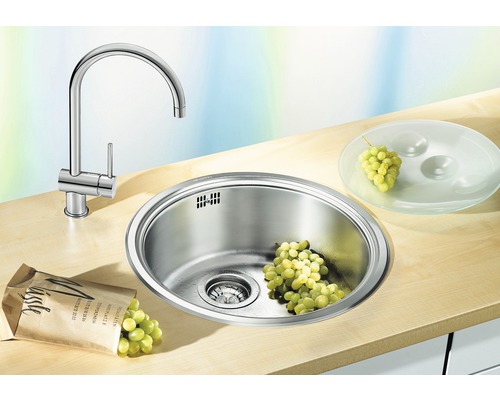 Küchenspüle aus Edelstahl mit Wasserhahn und Weintrauben