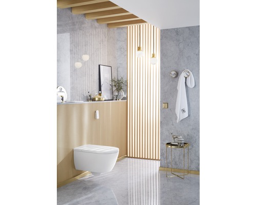 Modernes Badezimmer mit wandhängendem WC, Waschtisch und dekorativen Elementen für ein stilvolles Ambiente.