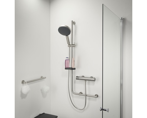 Barrierefreies Badezimmer mit Duschabtrennung, Brausestange, Haltegriff und Duschhocker