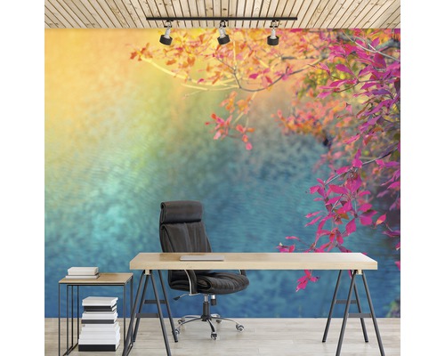 Büroraum mit Schreibtisch, Bürostuhl und Fototapete mit Naturmotiv