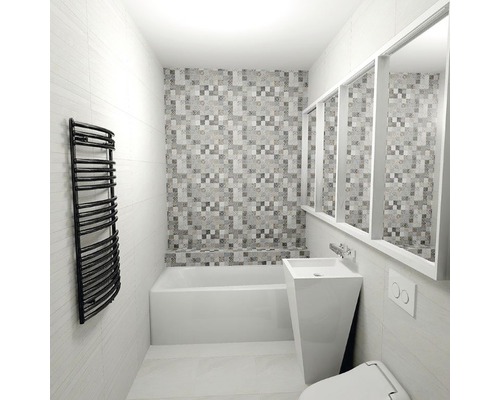 Modernes Badezimmer mit Badewanne, Waschtisch, Handtuchwärmer und Mosaikfliesen