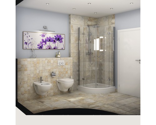 Badezimmer mit Dusche, Toilette und Bidet sowie Wandbild mit Blumenmuster