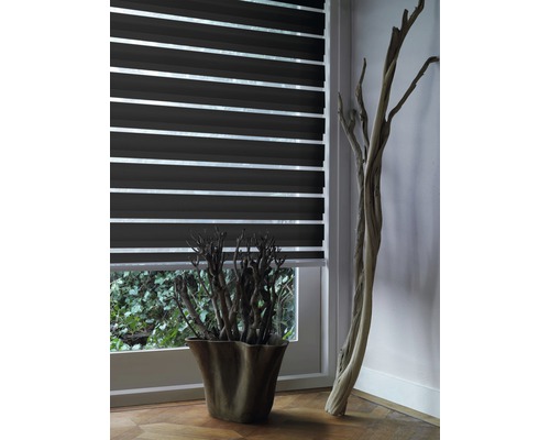 Innenraumansicht mit Fenster, Dekoration und Rollo zur Lichtregulierung