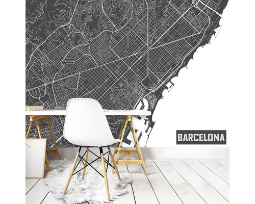 Wandbild Barcelona Stadtplan im hellen Raum mit Schreibtisch und Stuhl