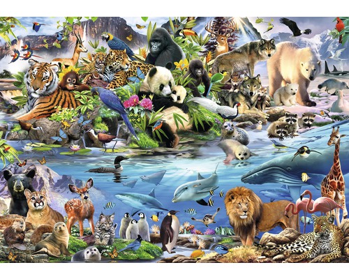 Fototapete Vlies 12843V4 Lustige Zootiere Selfies 2 2-tlg. 254 x 184 cm Puzzle mit einer Vielzahl von Tierarten in ihrer natürlichen Umgebung.