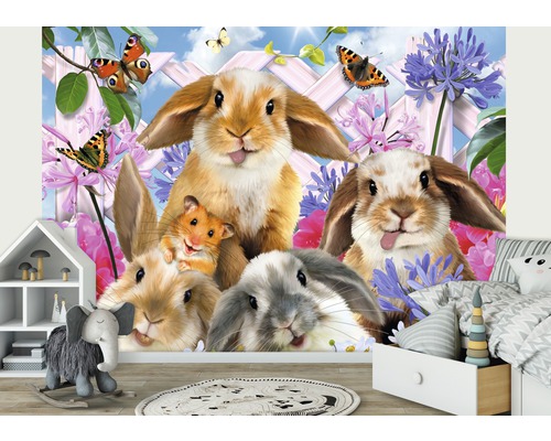 Fototapete mit Hasen, Hamster und Schmetterlingen im Kinderzimmer