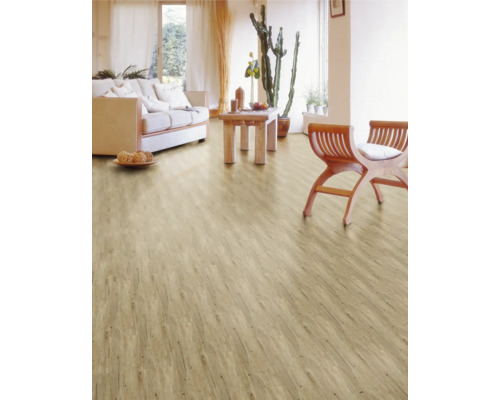 Heller Wohnraum mit Holzboden, Sofa, Tisch und Stühlen.