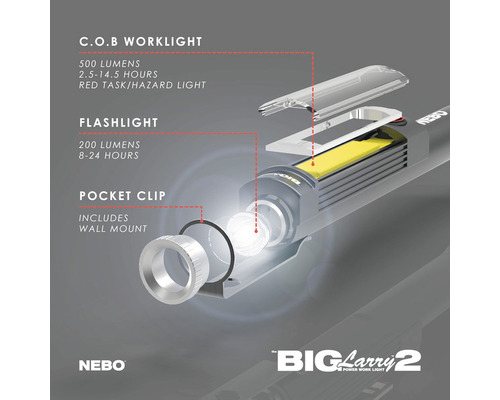Nebo Big Larry 2 Arbeitsleuchte mit C.O.B-Arbeitslicht, Taschenlampe und Taschenclip