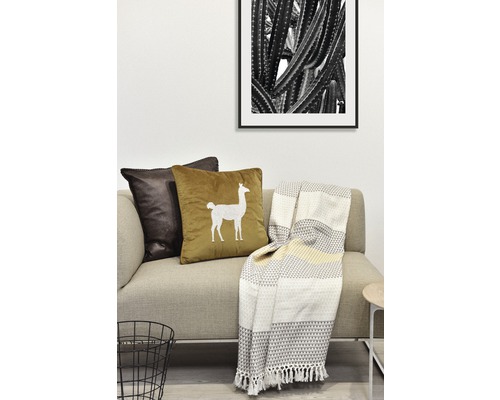 Szene mit Sofa, Kissen, Decke und gerahmtem Kaktusbild an der Wand.