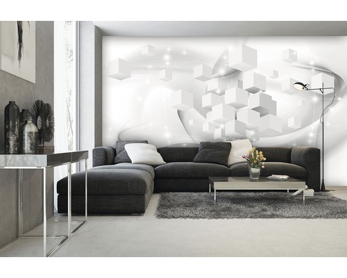 Wohnzimmer mit moderner Wandtapete, Ecksofa und Couchtisch