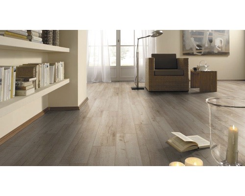 Heller Wohnraum mit Regalen und Holzlaminatboden.