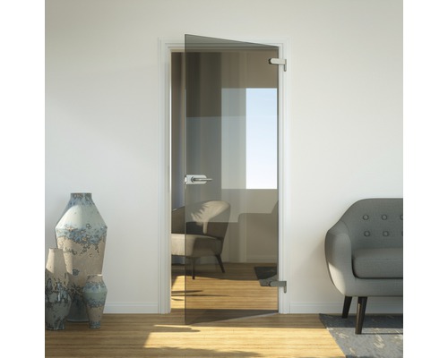 Innenraumansicht mit einer einflügeligen Glastür mit Türbeschlag und Türgriff