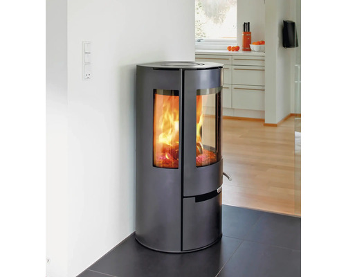 Kaminofen mit Glasfenster und brennendem Holz in einem Wohnraum.
