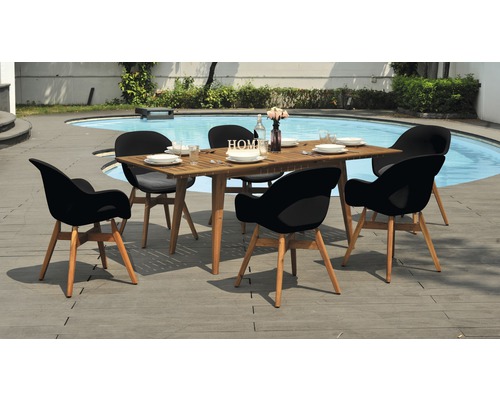 Gartensitzgruppe mit Holztisch und sechs Stühlen am Pool