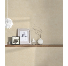 Beige Wandtapete mit Dekorationsgegenständen auf einem Holzregal